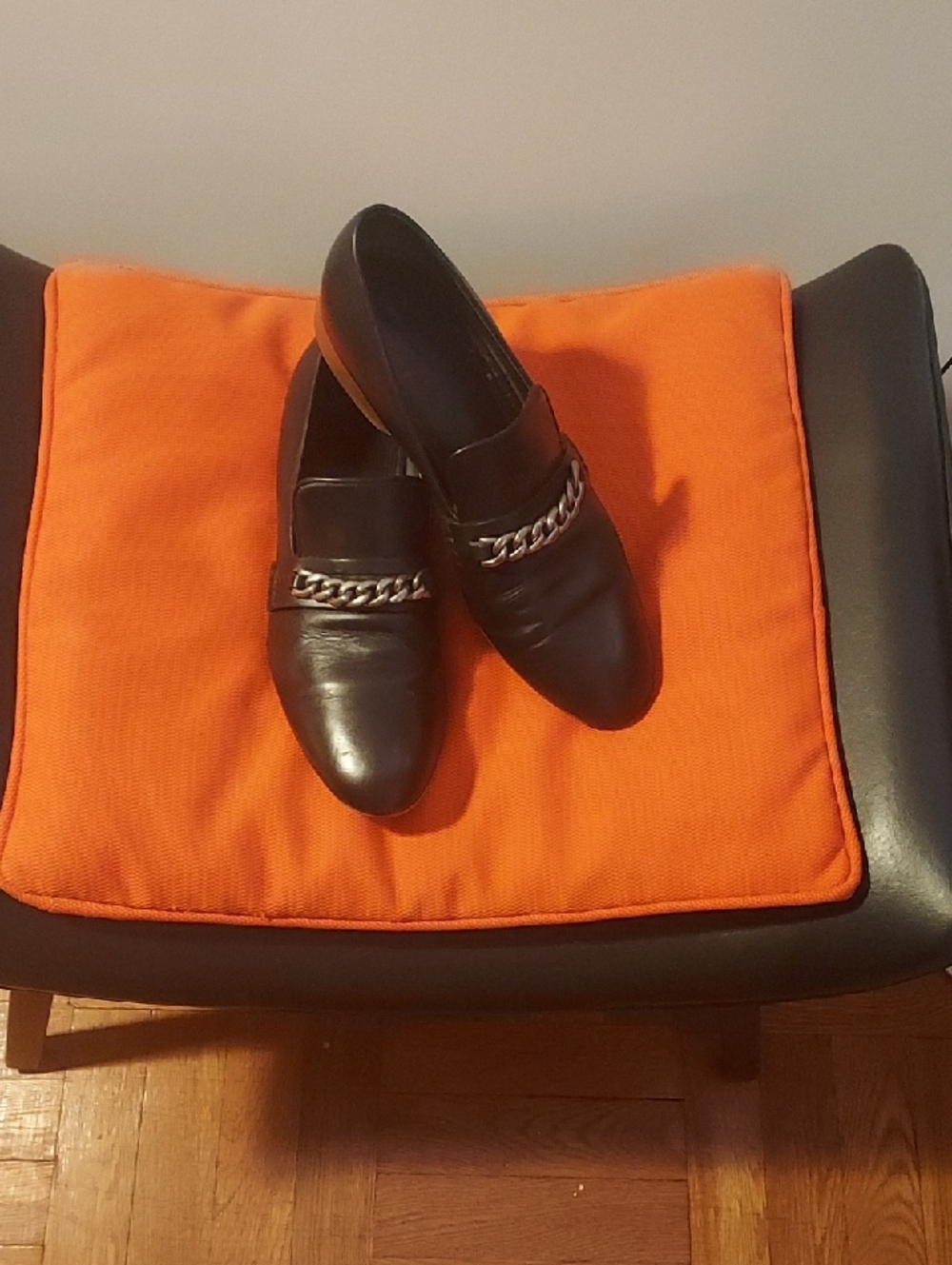 Celine Black Leather Loafer Silver Chain-Trim  Loafers